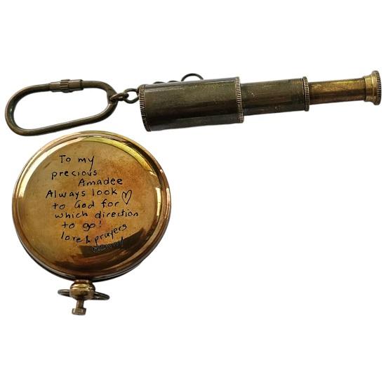 Brass compass with telescope keyring in box , Engraved, Custom, Customized  Great Christmas Anniversary gift