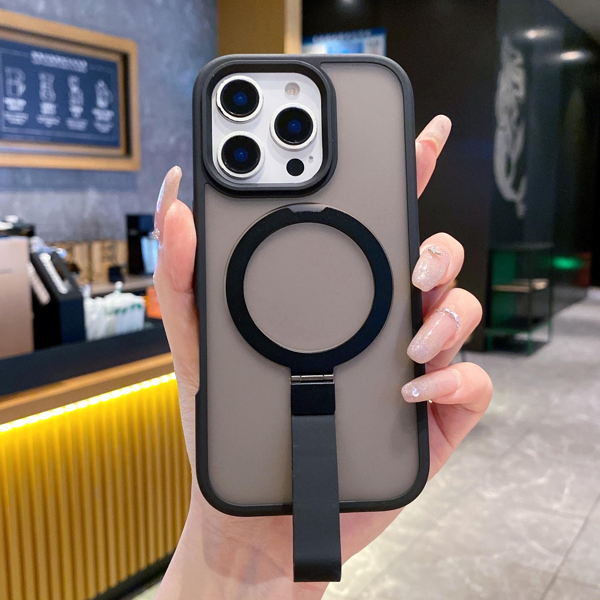 

Чехол для iPhone 16 Pro Max из ТПУ и ПК, задняя крышка телефона со встроенным шнурком и металлической подставкой Black