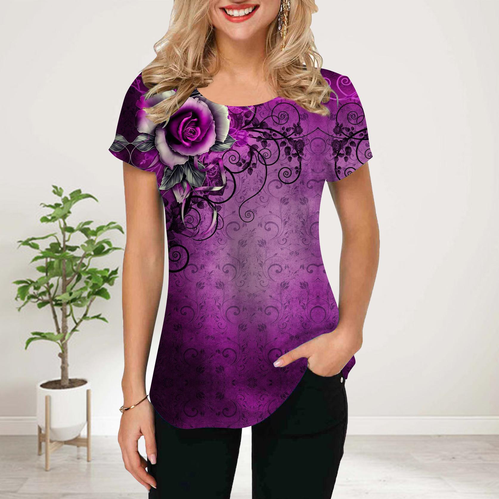 

Женская летняя футболка с принтом синей розы, футболки с коротким рукавом, повседневные топы с принтом 8XL фиолетовый