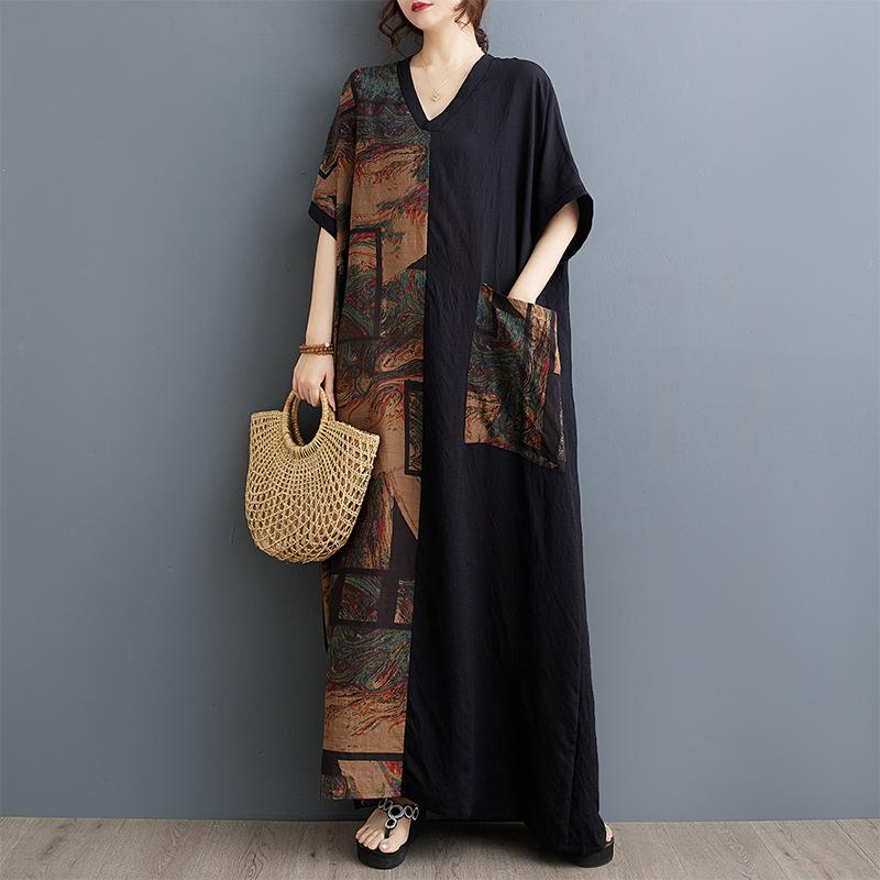Sommer Locker Damen Baumwolle und Leinen Bedrucktes V-Ausschnitt Kleid
