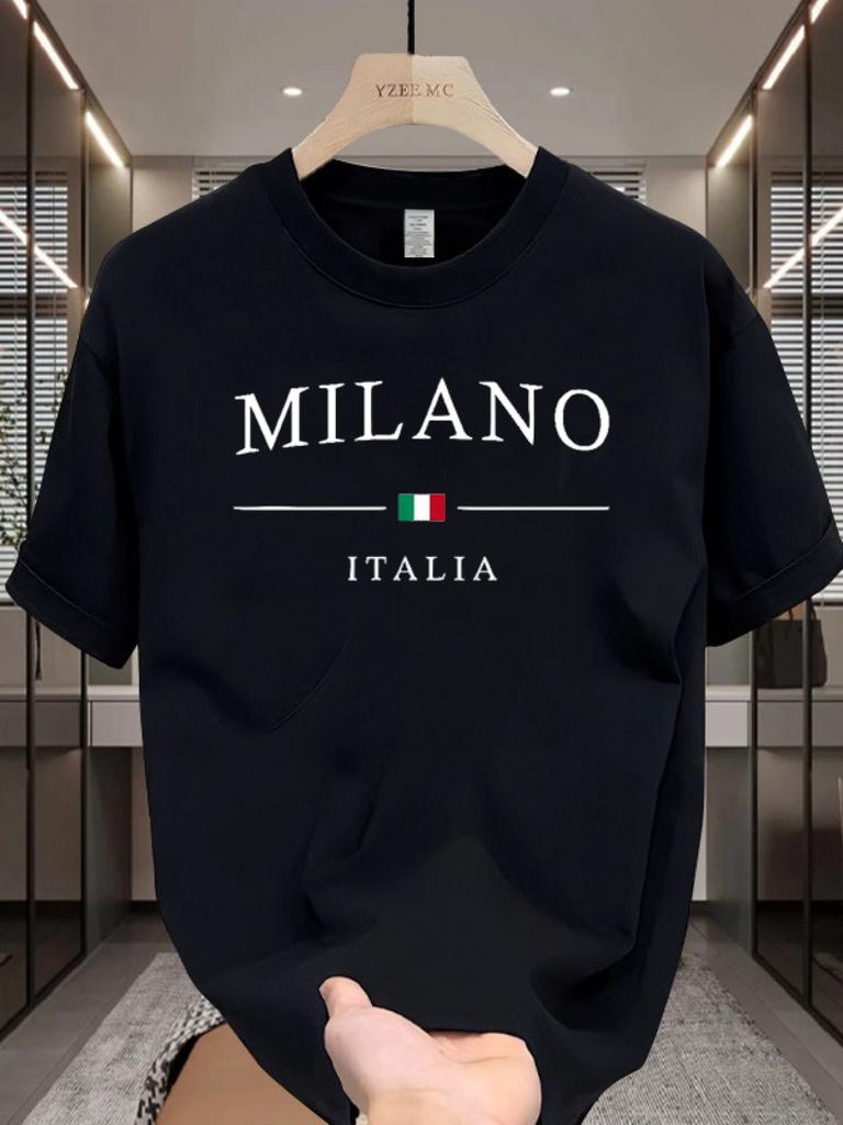 Men's 100% Cotton Navy Blue Milano Italy Graphic Print T-Shirt - Italian Flag Design Casual Round Neck Short Sleeve Tee