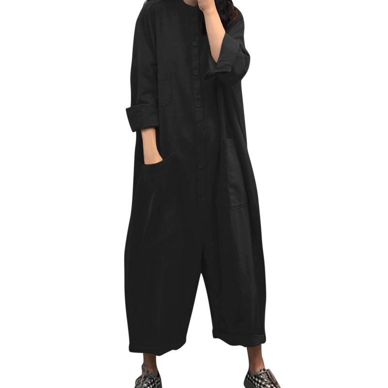 Women Jumpsuit Oversized Romper Autumn Loose Pockets Overalls Casual Solid Stand Collar Bottom
