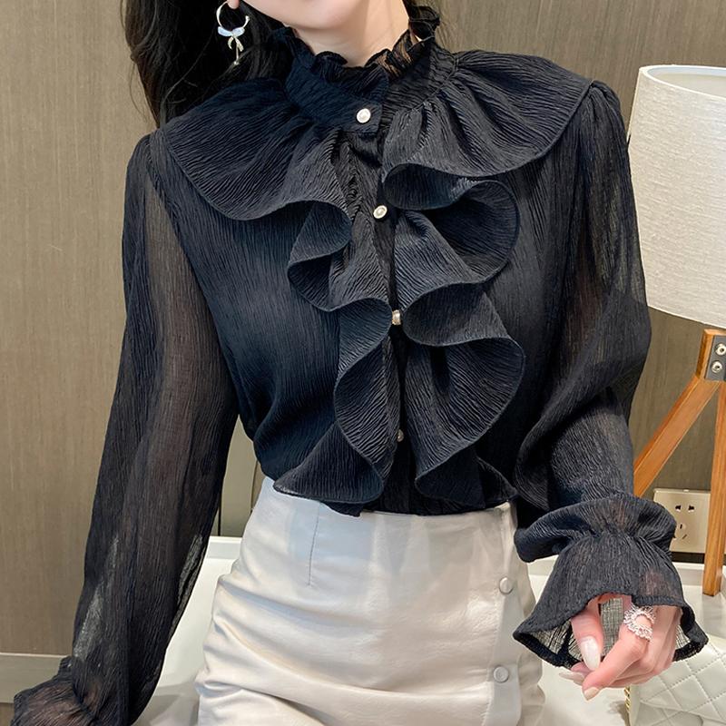 Autunno Vintage Ruffles Abbigliamento Pizzo Camicetta Donna Primavera Collo Alto Camicia Bianca Manica Lunga a Palloncino Ampia Elegante