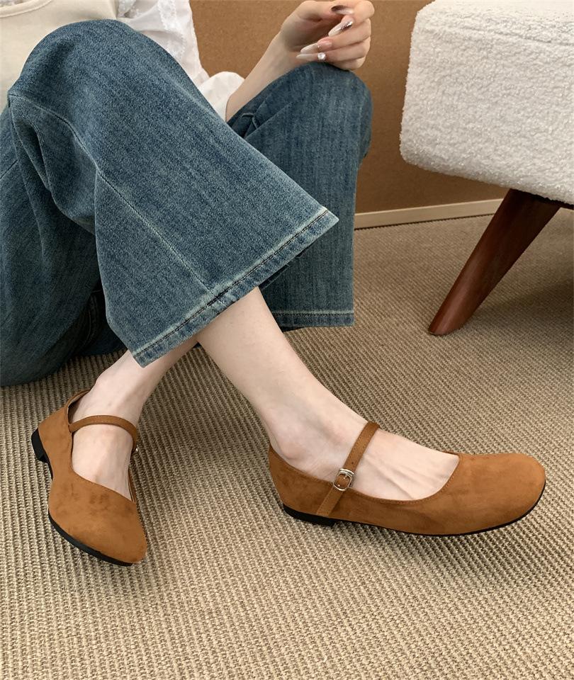 2025 Spring and Summer New Fairy Ballet Shoes Square Head Shallow Mouth Late Evening Wind One-word Buckle Mary Jane Shoes Suede Ladyshoes