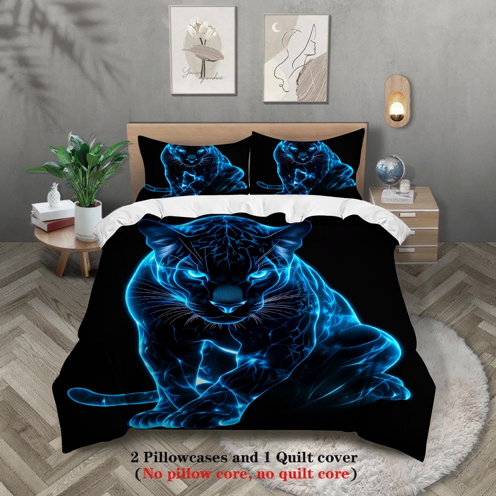 

3pcs Panther Bedding Sets 3D Printed Blue Neon Leopard Anti-Slip Durable Duvet Cover Sets With Pillowcases No Filling US Twin(172x218cm)