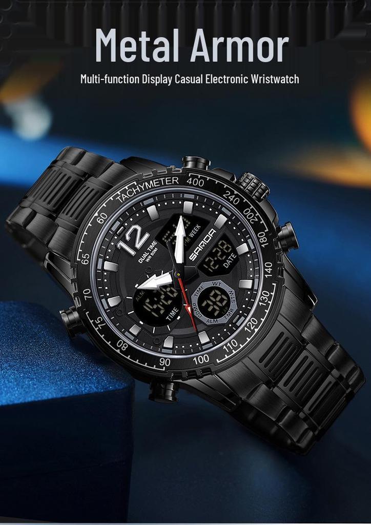 Sanda Men's Dual Display Multifunction Steel Band Sport Waterproof Watch