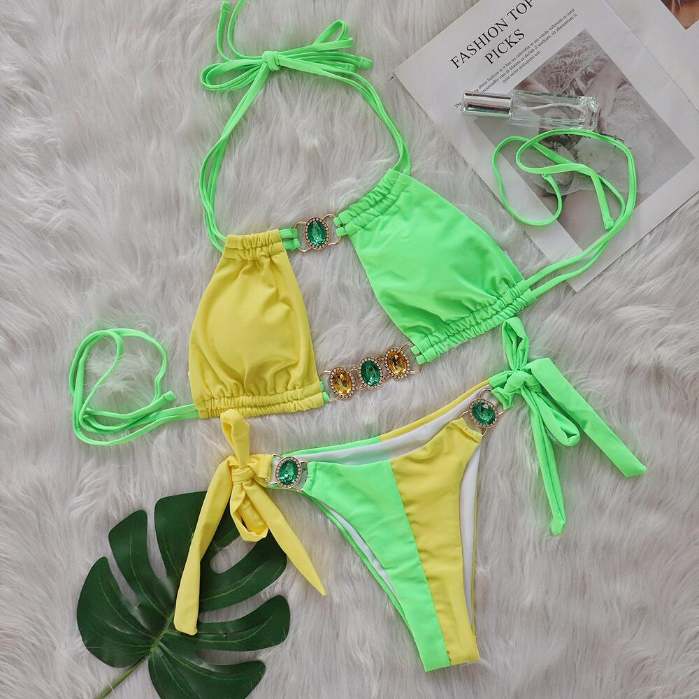 Baizi 2024 Crystal Diamond Strapped Bikini - European & American Sexy Patchwork Two-Piece Swimsuit
