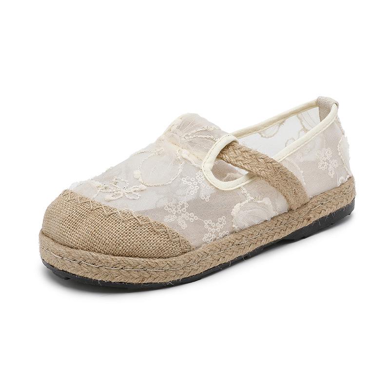 Women's Ethnic Round-Toe Cloth Slippers, Elegant Floral Embroidery, Mesh Retro Style, W005 Summer Collection.