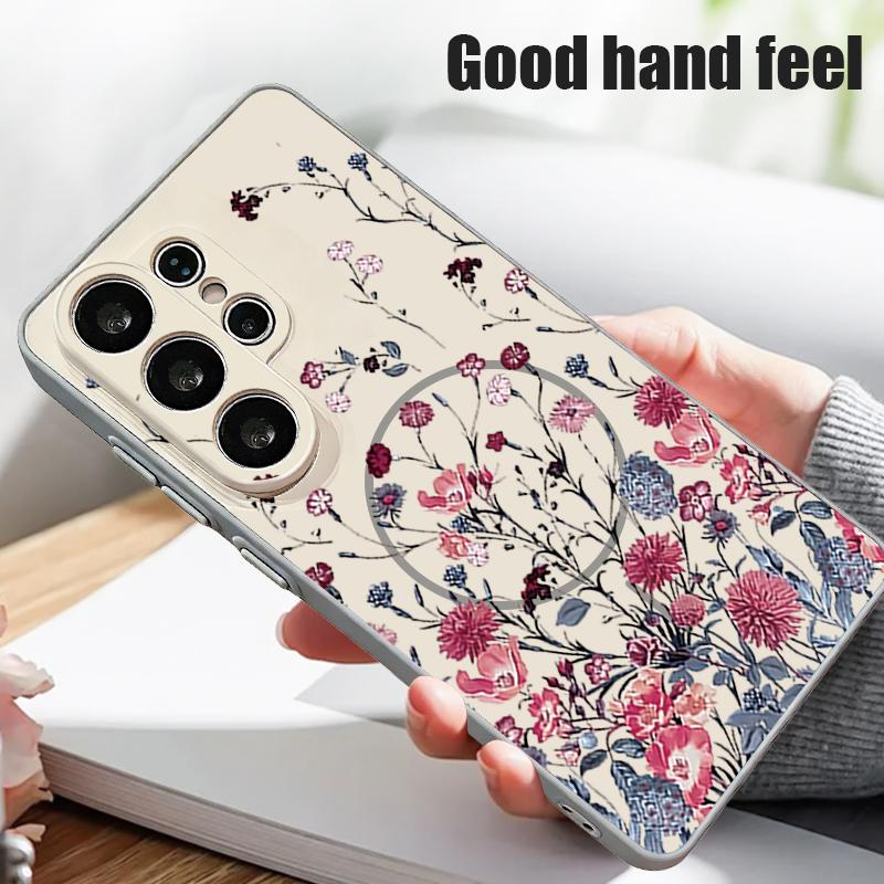 Retro Hot Pink Flower Pattern Case For Samsung Galaxy S26 Ultra S25 Edge S24 Plus S23 FE S22 A54 A55 A56 5G Magnetic For Magsafe Matte Cover