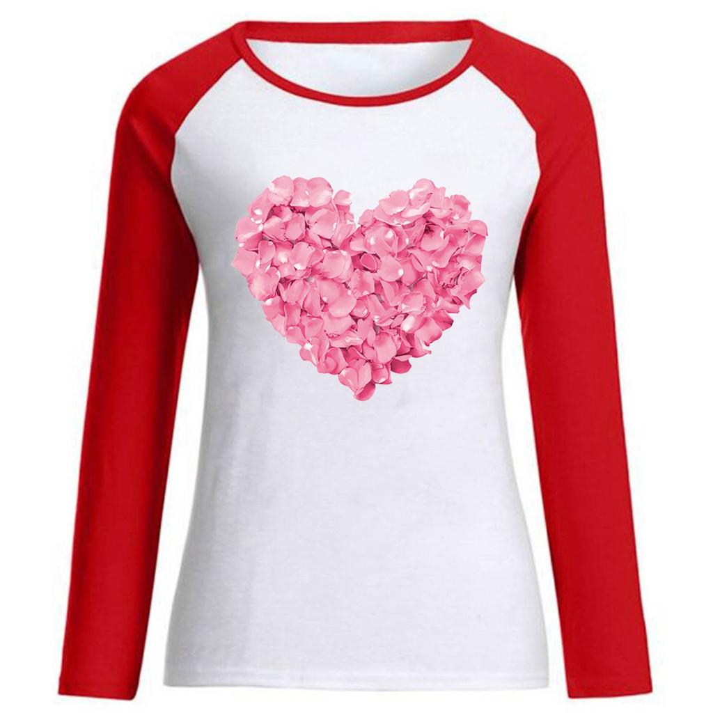 Ladies Casual Valentine's Day Print Round Neck Color Block Long Sleeve Pullover