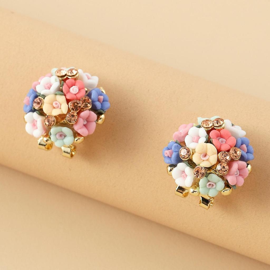 Romantic Ceramic Flower Rose Diamond Alloy Earrings Temperament Ear Buckle Exquisite Stud Earrings Jewelry Popular