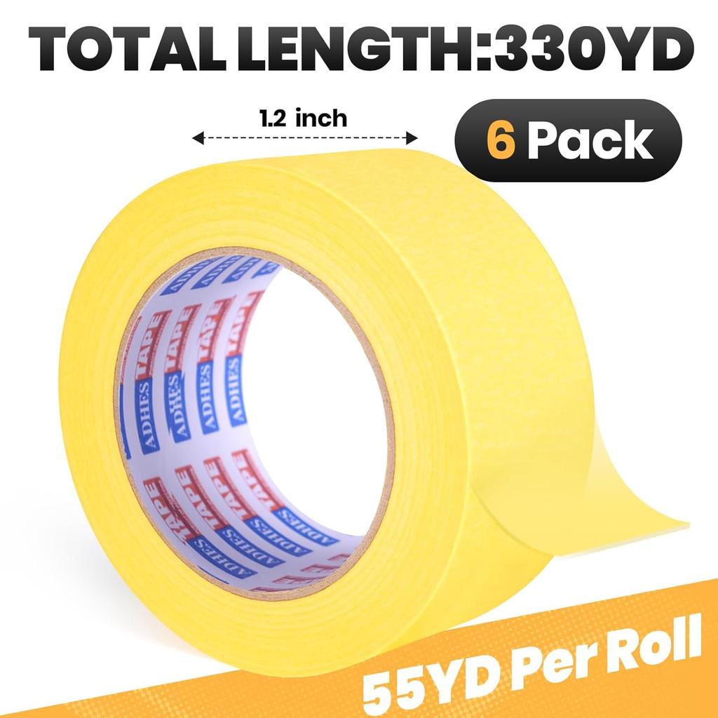ADHES Yellow Painters Tape Yellow Masking Tape, 1.2 Inch X 55 Yards X 6 Rolls, No Residue Wall Safe Tape for Home Wall Painting, Building, School