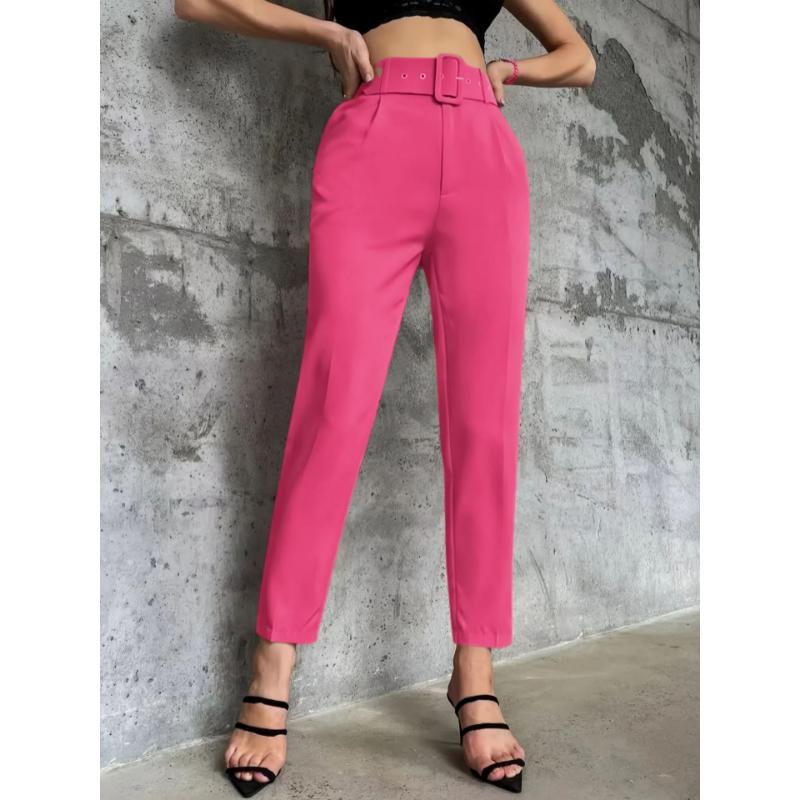 New Women's Casual Pants, Slim Fit Straight Leg Stretch Trousers with Belted Waist, Solid Color Office Wear Cropped Pants