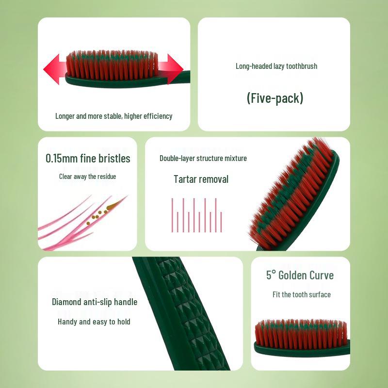 Korean Lazy Toothbrush, Long-Handle, Soft Bristle, 5-Pack, Effort-Saving, High-End Adult Design.