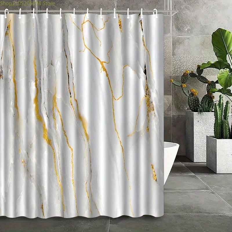 1pc Elegant Marble Pattern Shower Curtain with Hooks - Machine Washable Polyester, Golden & White Design, Perfect for Bathroom