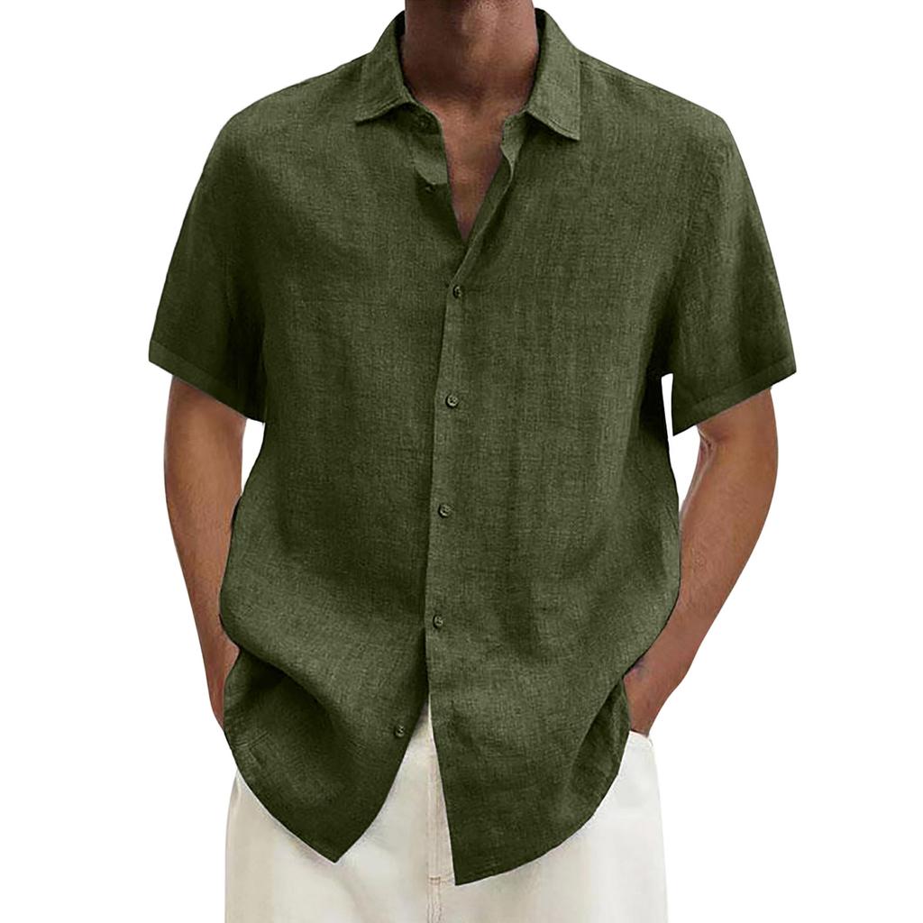 Spring Summer Men's Casual Cotton Linen Color Short Sleeve Shirts Loose Shirts