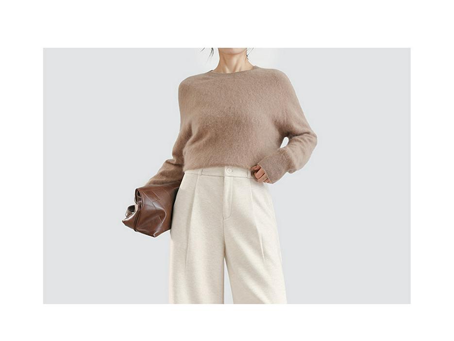 Women's Spring Style High-Waisted Oatmeal Wool Wide-Leg Fleece-Lined Pants