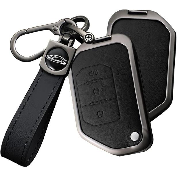 HIBEYO Leather Key Fob Cover for Jeep Wrangler JL JLU Gladiator 4XE 2018-2021 Accessories with Keychains Folding 3 Button Key Case for Jeep Wrangler A Keychain Black