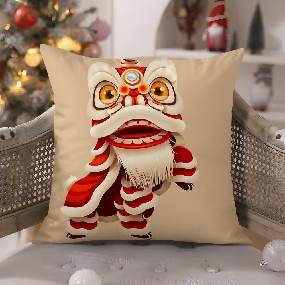 Chinatown Festive Lion Print Pattern Pillow Case Comfort Sofa Bed Silky Elegant Invisible Zipper Decorative Cushion Cover