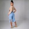 GMXIA Stretch Fringe Ripped Jeans Mid-length Pants Women