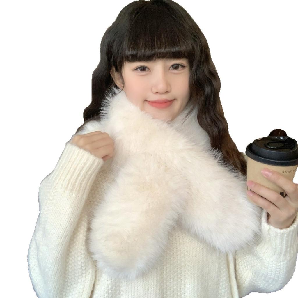 1Pc Korean Version of Student Hair Cross Long Scarf Warm Imitation Fur Fox Hair Solid Color Scarf Scarf Neck Autumn and Winter Women Thickened