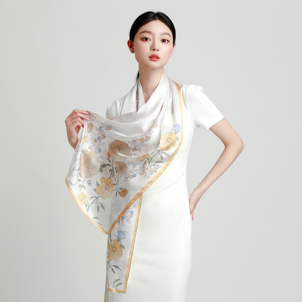 100% Mulberry Silk Noble Pearl Satin Fashion Printed Long Scarf for Women