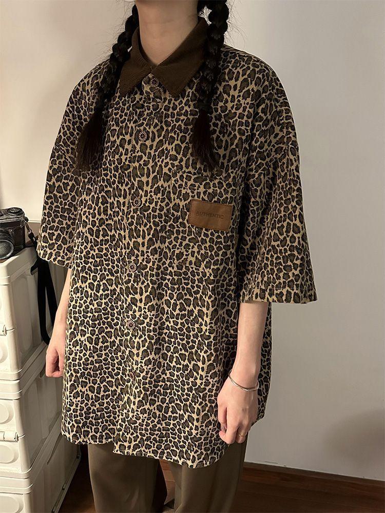 American Retro Vintage Leopard Print Polo, Three-Quarter Sleeve Shirt - Hip-Hop Summer Trend, Stylish Streetwear.