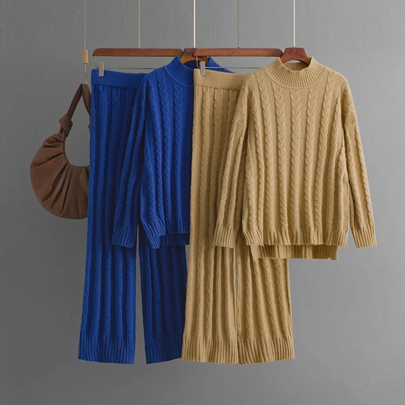 2024 Toamnă Culoare Solidă Gât Pe Jumătate Rulat Pulover Despicat Seturi Pantaloni Răsuciți Femei Iarnă Modă Nouă Tricotate Seturi Două Piese pentru Femei