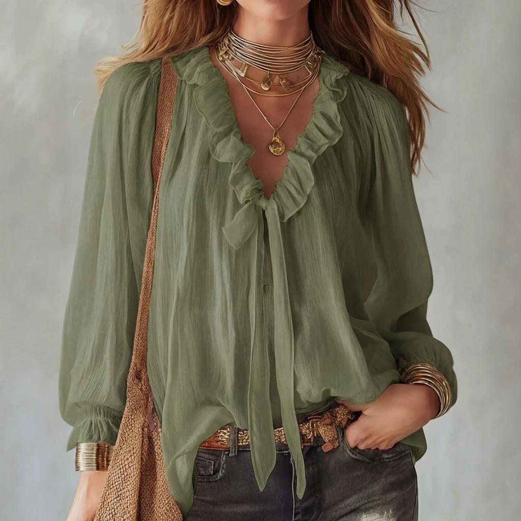 European and American women's clothing spring and summer new women's fashion V-neck loose shirt ruffle edge top
