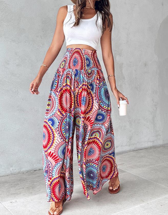 2024 Retro Floral Print Waist-Cinching Wide-Leg Pants for European and American Women