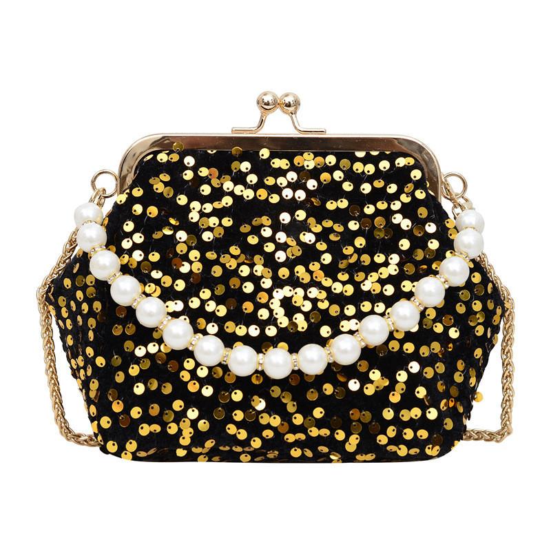 Elegant Vintage Silver Sequin Handbag With Pearl Chain For Stylish Evening Outfits