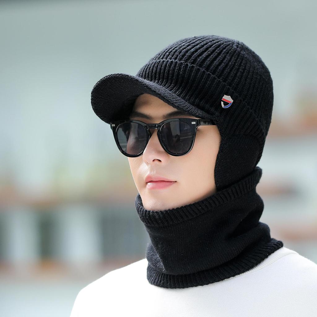 Men's Windproof Cold-proof Solid Color Warm Plush Stretchy Hats Autumn Winter Ear Protection Large Size Outdoor Knitted Hats