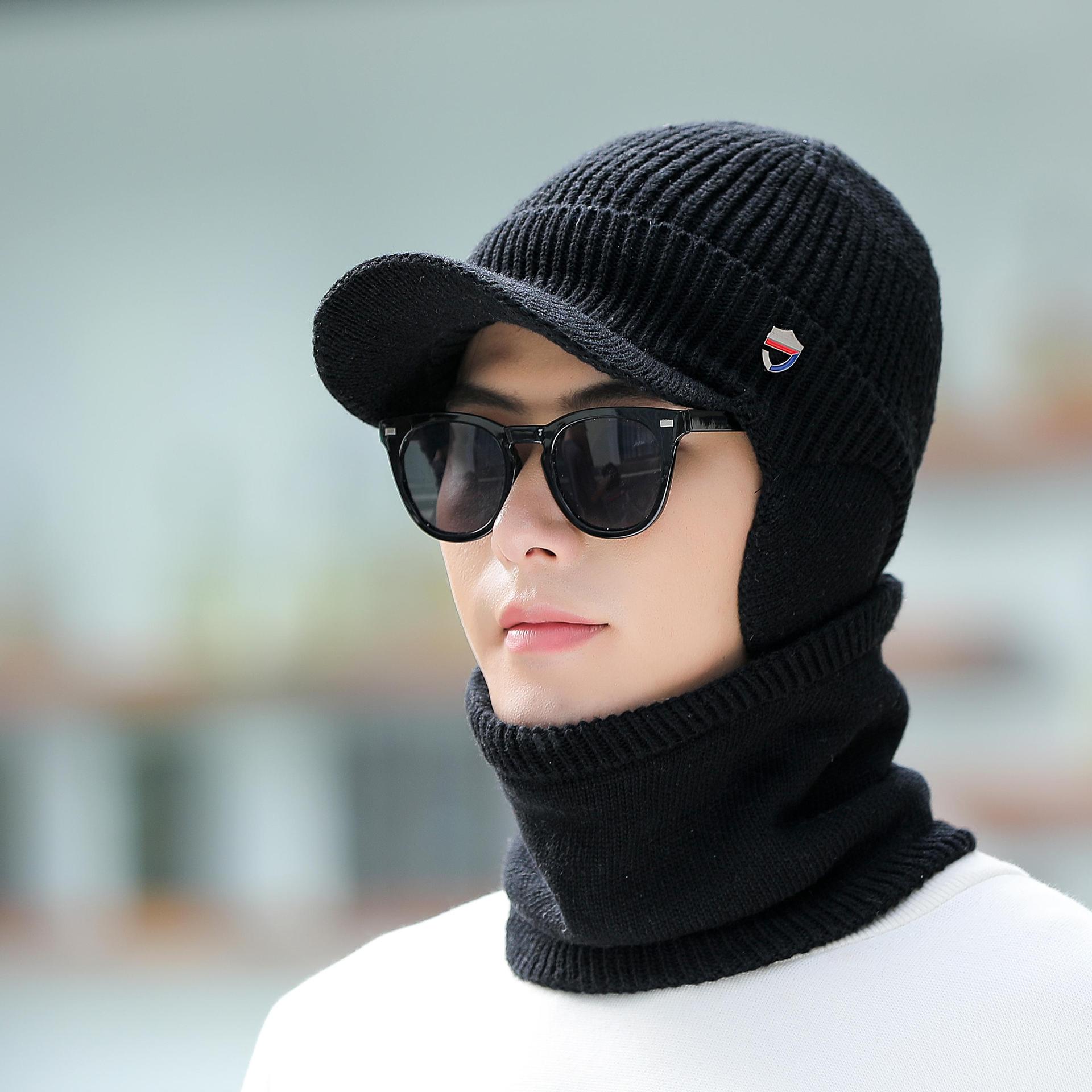 

Мужские ветрозащитные, морозостойкие, однотонные, теплые, плюшевые, эластичные шапки для осени и зимы, защита ушей, вязаные шапки большого размера для активного отдыха set (hat + scarf) чёрный