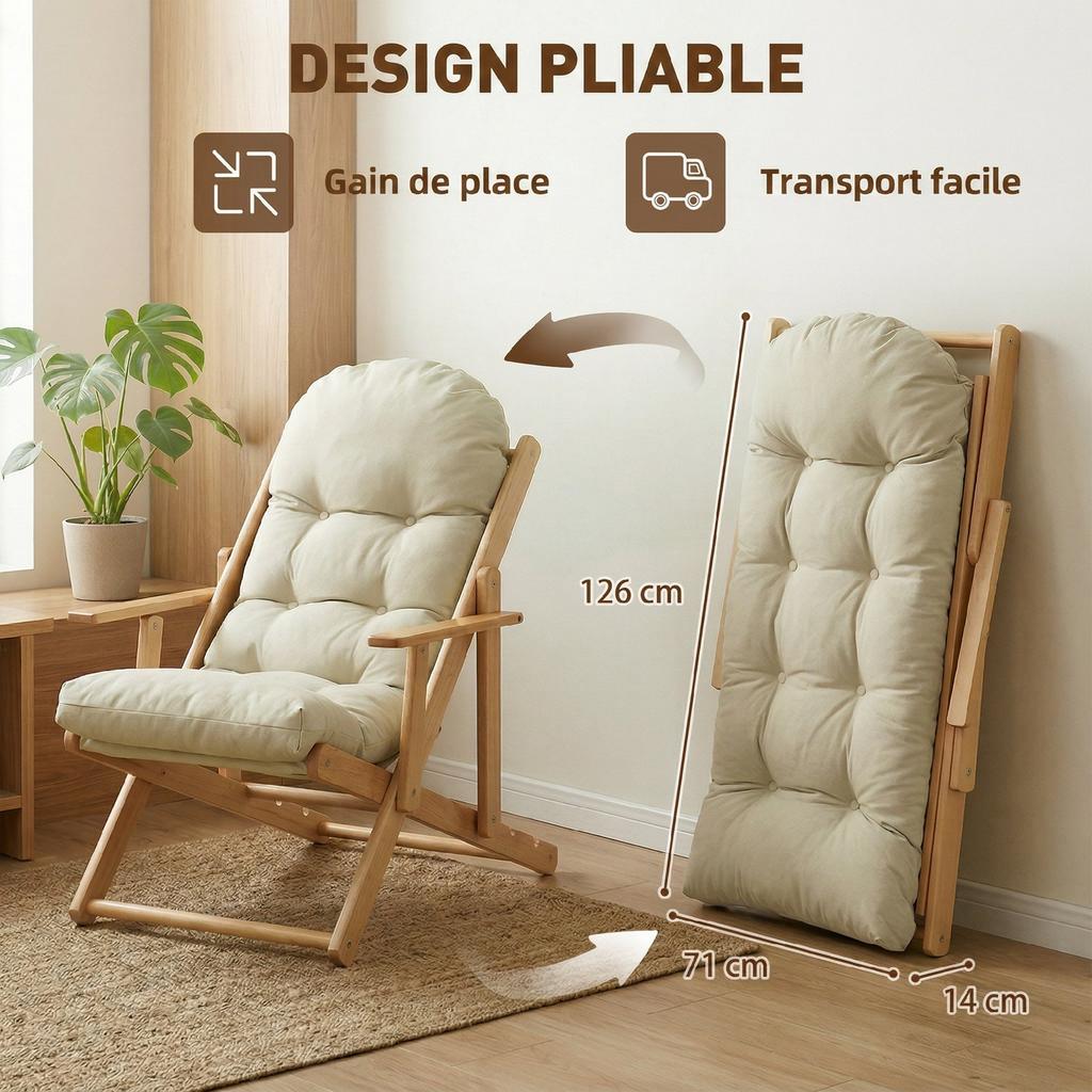 Folding Wooden Lounge Chair, Reclining, Padded Cushion
