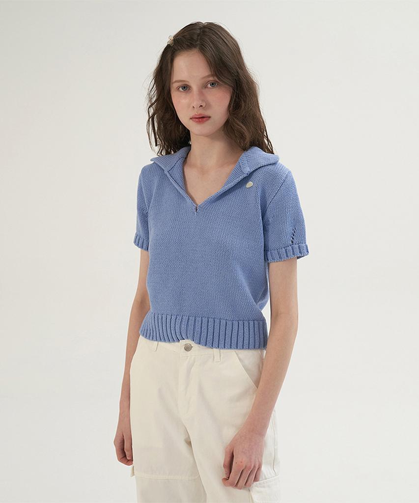 Sseomweeobeoteo Cotton Collar Pendant Knit - Blue