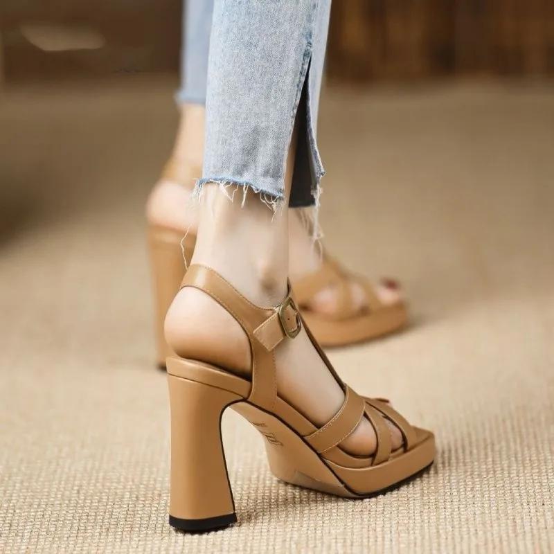 Women's Fashion Waterproof Platform Sandals Round Head Open-toe Line Buckle Soft Sole Anti-slip Wear-resistant High Heels