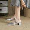 Silver Bag Head Sandals Women's Medium Heel 2024 Summer New with Skirt Beautiful Word with Empty Single Shoes Women's Thick Heel