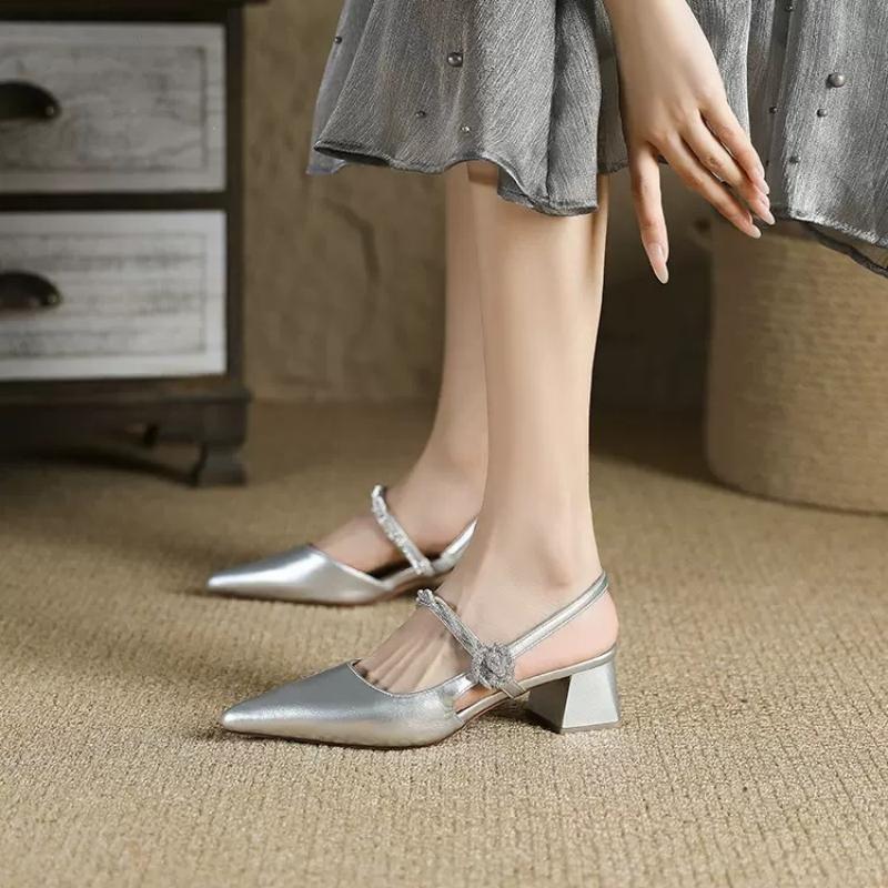 Silver Bag Head Sandals Women's Medium Heel 2024 Summer New with Skirt Beautiful Word with Empty Single Shoes Women's Thick Heel
