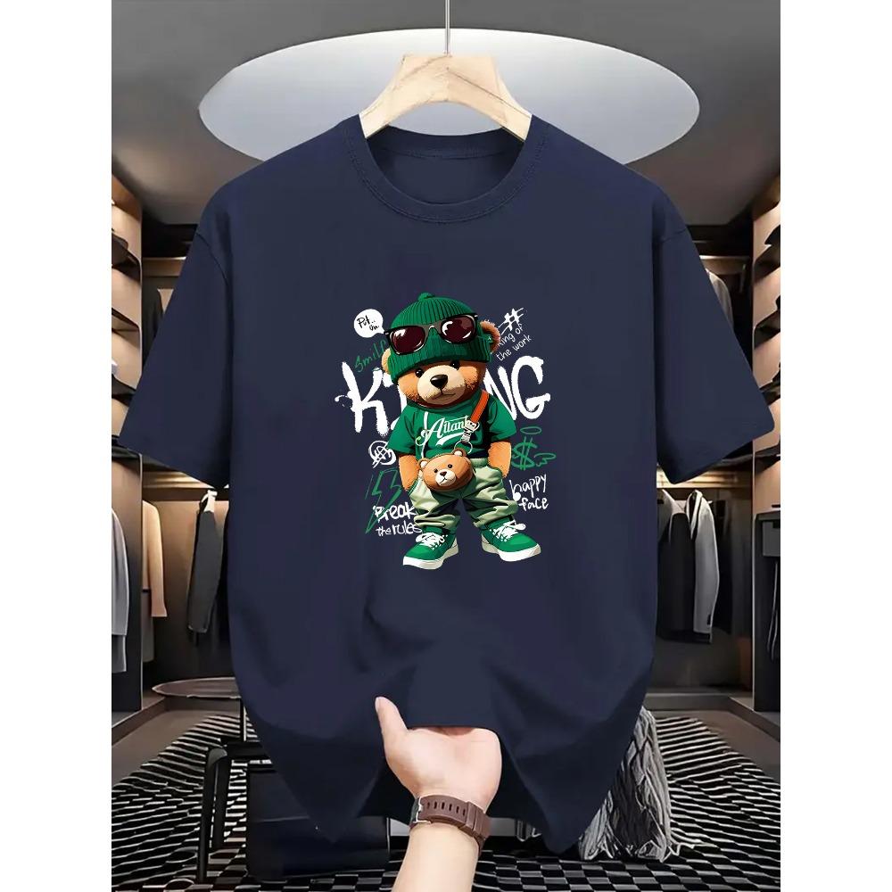 Herren Sommer 100 Baumwolle Modisch Lässig Locker Großes Geometrisches Bärenmuster Bedruckt Sport Rundhals Kurzarm T-Shirt Top