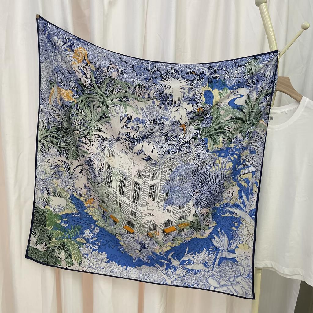 New European  American and Korean Printed Silk Scarf with Large Square Scarf Versatile High-end Twill Sunscreen Decorative Shawl Scarf for Women