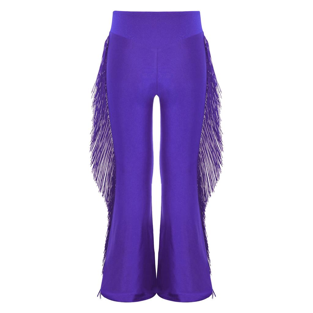 Chłopięce spodnie do tańca latynoamerykańskiego elastyczny pas z frędzlami styl dzwonów spodnie do występów ballroomowych