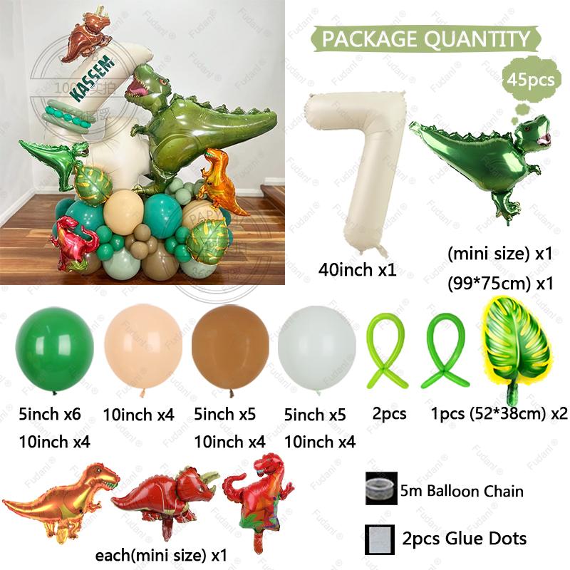 45pcs Jungle Dinosaur Party Balloons Set Mini Dinosaur Balloon Cream White Number Ballon Kids 1 2 3 4 5Year Birthday Party Decor