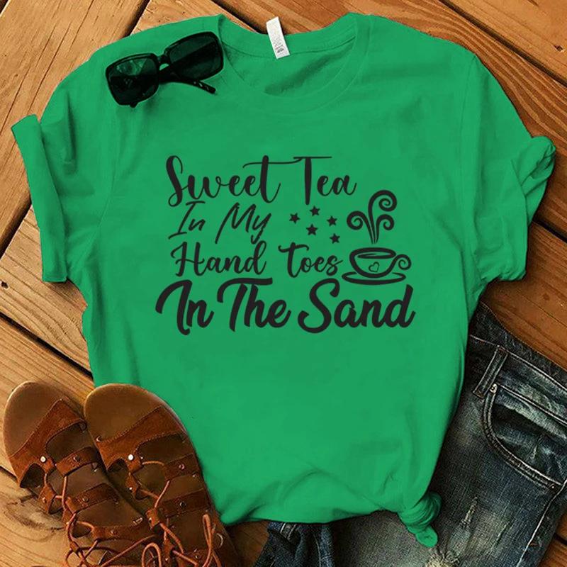 Funny Sweet Tea In My Hand Toes In The Sand Print T-Shirt Summer Letter Print T Shirt Women Men Short Sleeve Loose Shirts