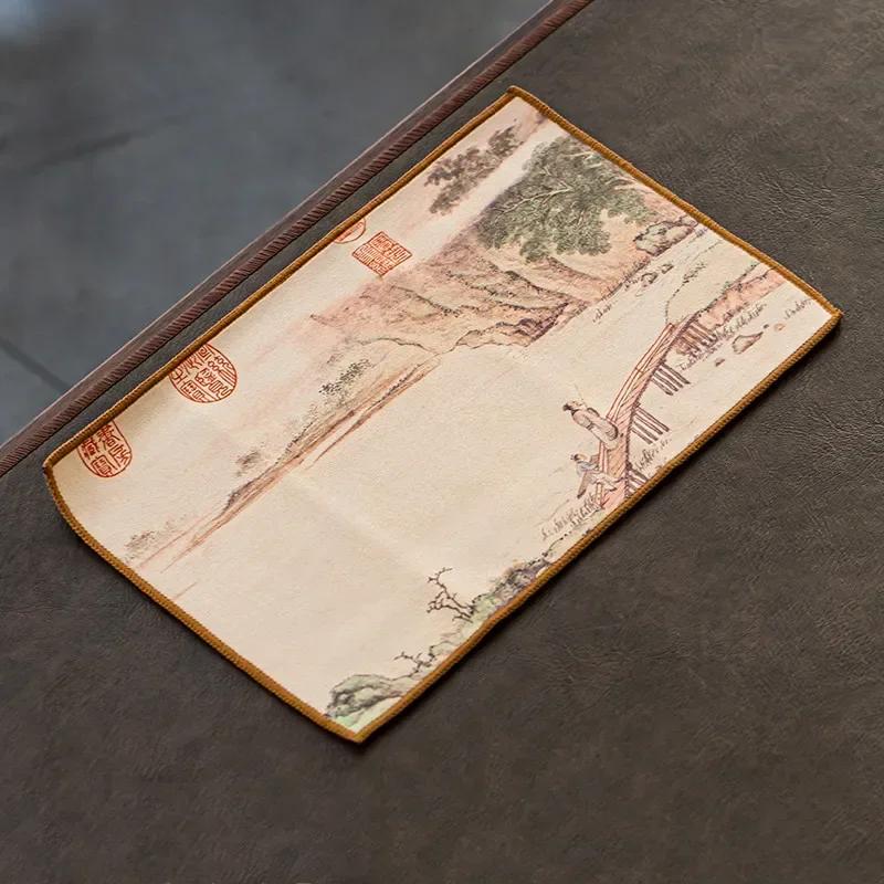 Chinese Painted Flower Pattern Thickened Tea Towel Plush Imitation Deerskin Absorbent Water Rag Tea Napkins Cloth Tea Ceremony
