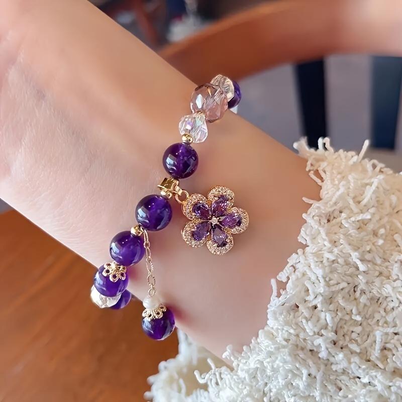 1Pc Fashion Purple Crystal Beads Elastic Bracelet With Flower Pendent Perfect For Women Jewelry Gift