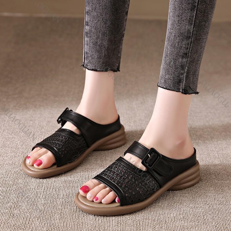 Fashion Large Size Hollow Slipper Summer Shoes for Women Chunky Middle Heel Retro Belt Buckle Breathable Leisure Outside Wear Slides