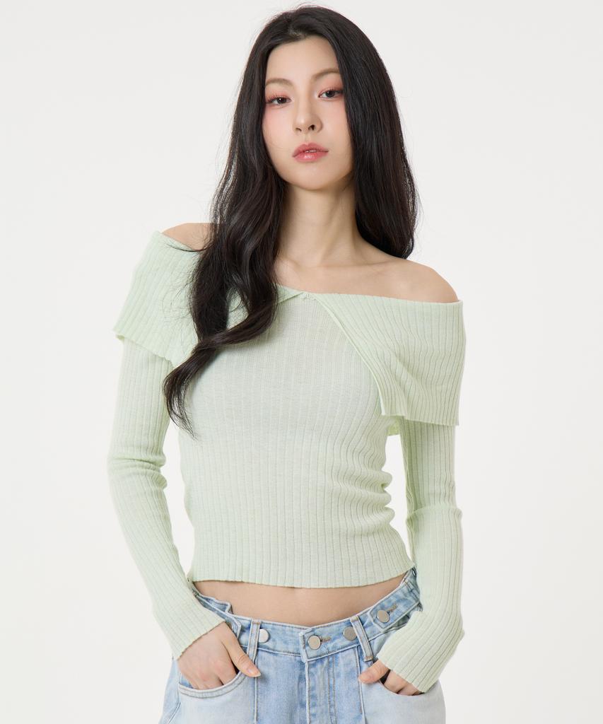 UNKNOWN PLANET Ruffle Boat Neck Long Sleeve Knit Top Green