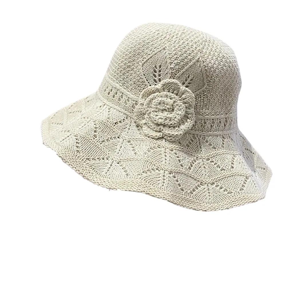 Elegant Sweet Straw Sun Hat Big Brim French Style Knitted Bucket Hat Visor Cap Temperament Seaside Beach Cap Lady