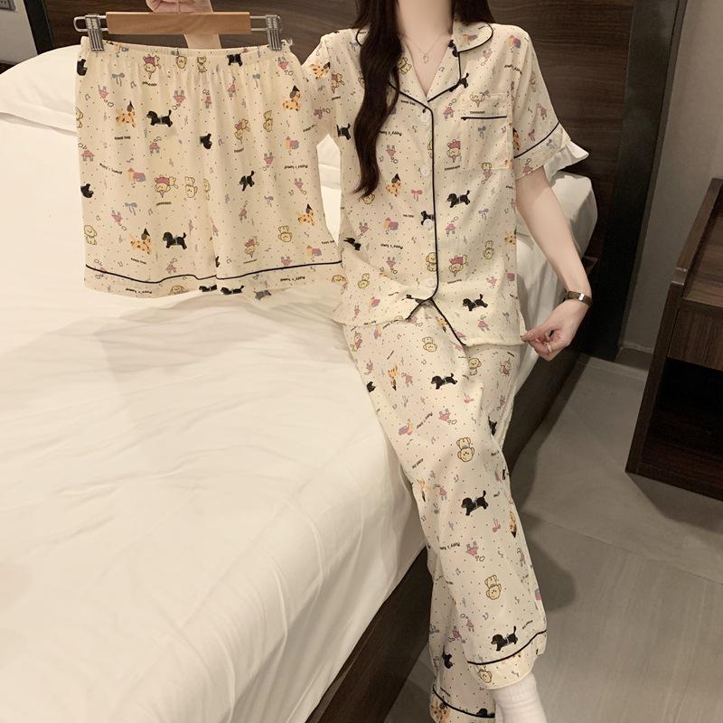 Three-Piece Cloud Cotton Summer Women s Pajama Set: Short Sleeve Top, Shorts, Long Pants, Cardigan. 2XL