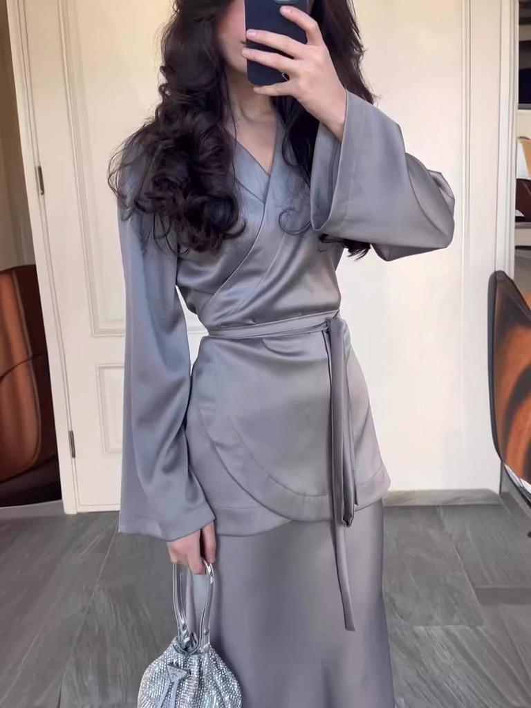 European and American Splicing Satin Long Skirt Suit - Spring 2026 Edition